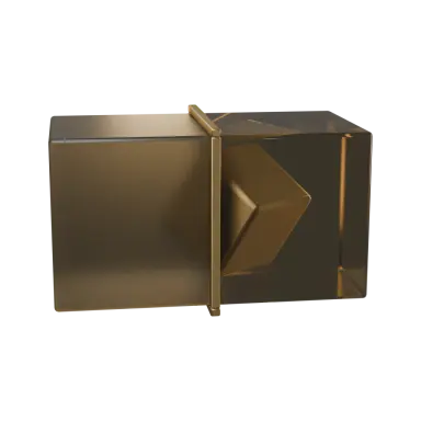 A smoked glass block, frosted left and clear right, split by a bronze band; a bronze core shows in the clear half