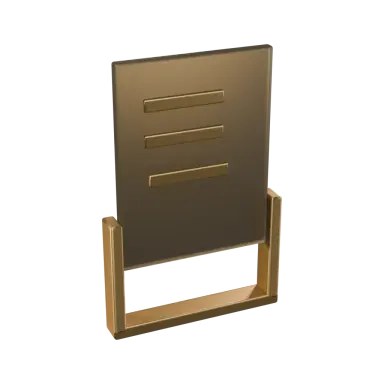 A smoked glass card with three bronze strips, half drawn from a bronze holder, its lowest strip raised