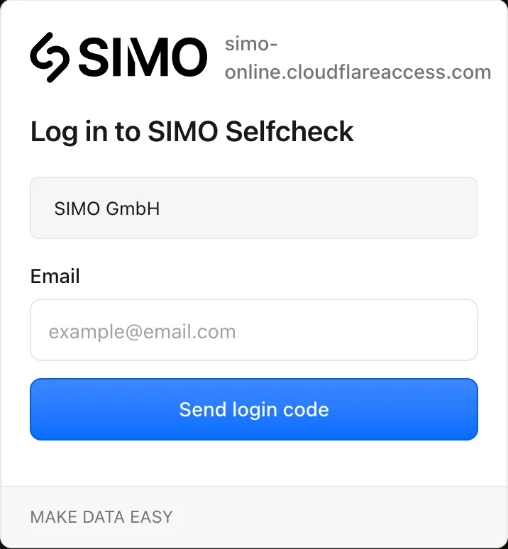Cloudflare’s sign-in page in English: the SIMO GmbH logo and the address simo-online.cloudflareaccess.com at the top, then the heading “Log in to SIMO Selfcheck,” a box reading “SIMO GmbH,” the “Email” field, and the blue “Send login code” button.